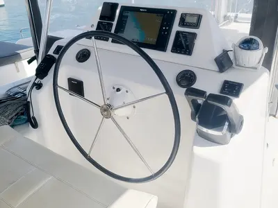 Cockpit of Danai, a Dufour 48 Catamaran catamaran at Agios Stefanos, Greece
