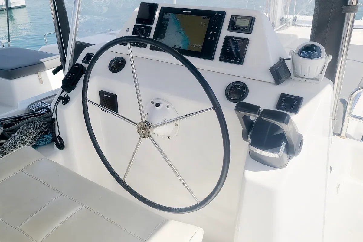 Cockpit of Danai, a Dufour 48 Catamaran catamaran at Agios Stefanos, Greece