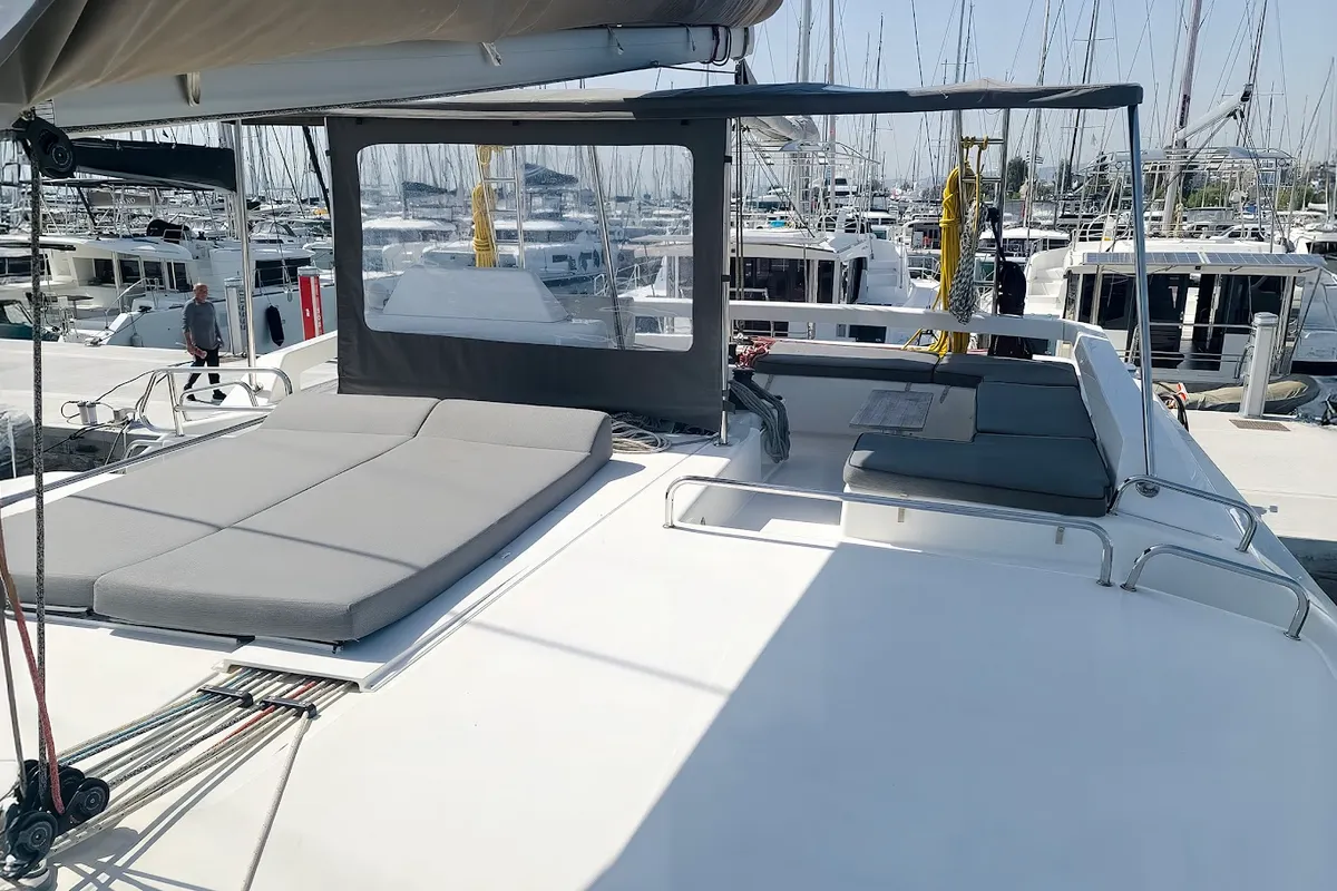 Deck of Danai, a Dufour 48 Catamaran catamaran at Agios Stefanos, Greece
