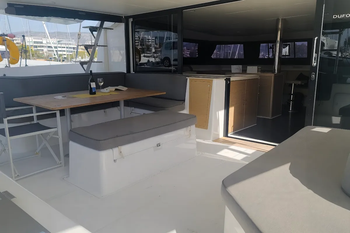 Deck of Danai, a Dufour 48 Catamaran catamaran at Agios Stefanos, Greece