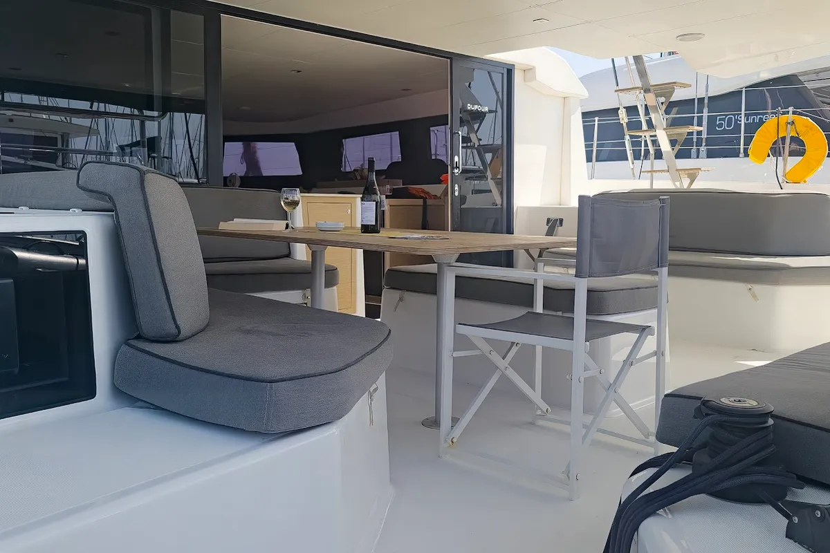 Deck of Danai, a Dufour 48 Catamaran catamaran at Agios Stefanos, Greece