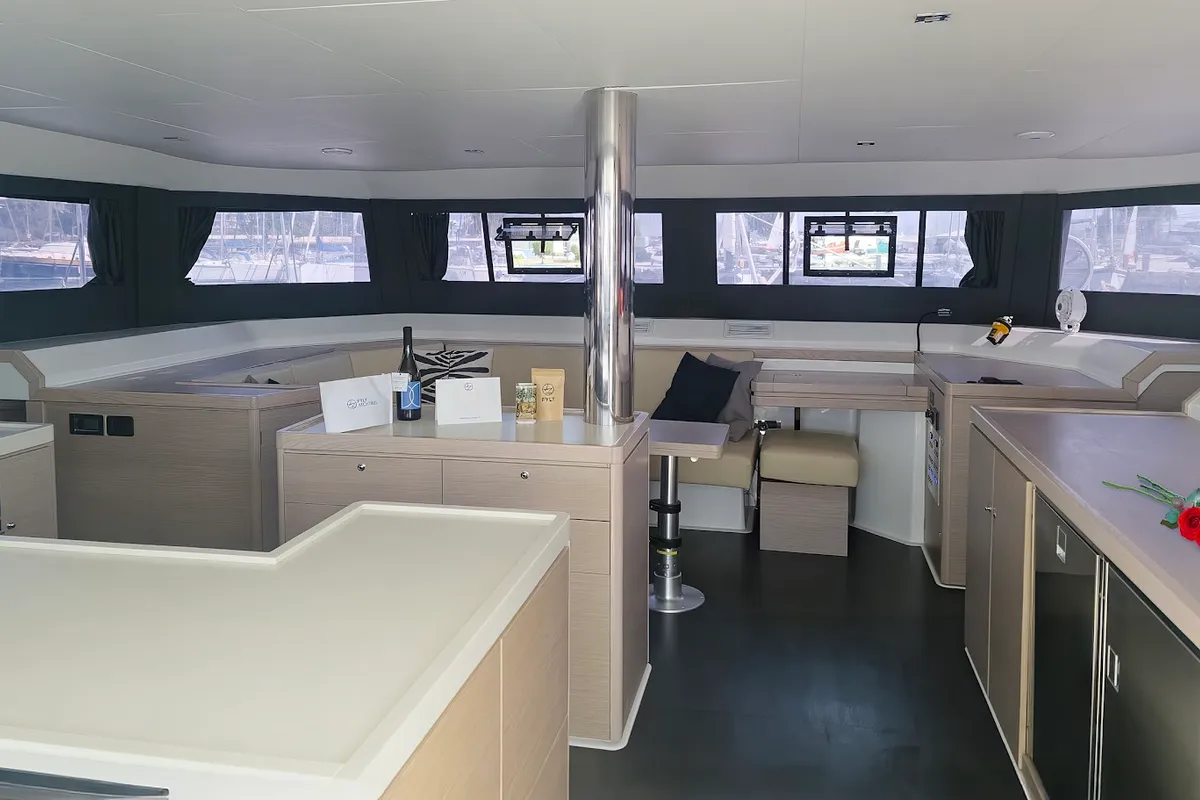 Salon of Danai, a Dufour 48 Catamaran catamaran at Agios Stefanos, Greece