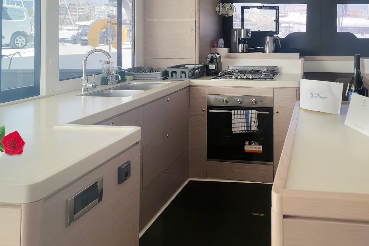Galley of Danai, a Dufour 48 Catamaran catamaran at Agios Stefanos, Greece