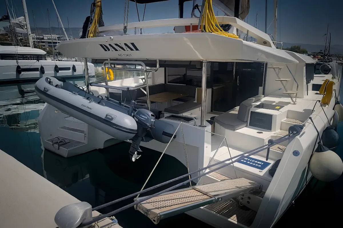 Exterior view of Danai, a Dufour 48 Catamaran catamaran at Agios Stefanos, Greece
