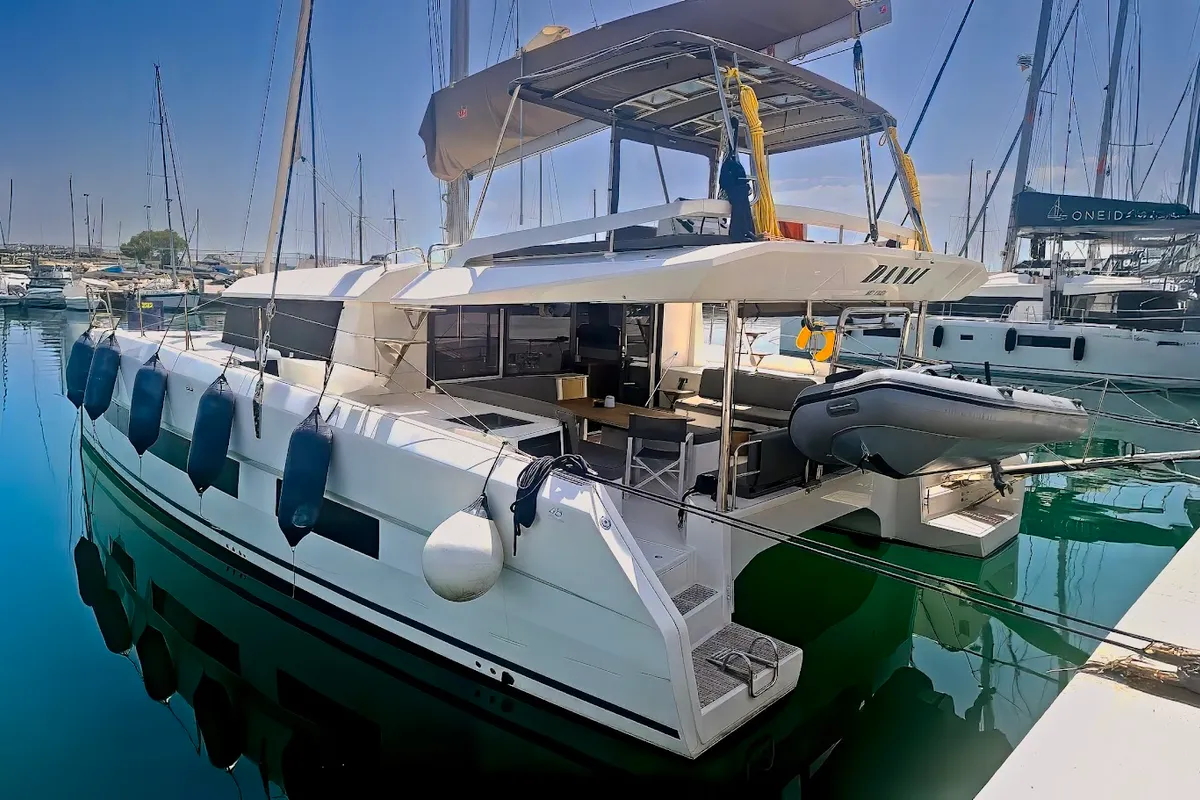 Exterior view of Danai, a Dufour 48 Catamaran catamaran at Agios Stefanos, Greece