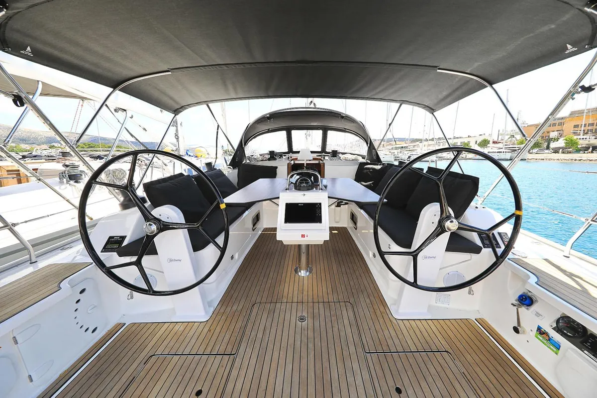 Cockpit of Avior, a Bavaria Cruiser 46 sailboat at Grad Biograd na Moru, Croatia