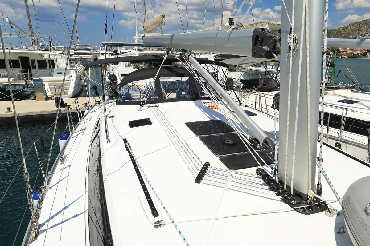 Deck of Avior, a Bavaria Cruiser 46 sailboat at Grad Biograd na Moru, Croatia