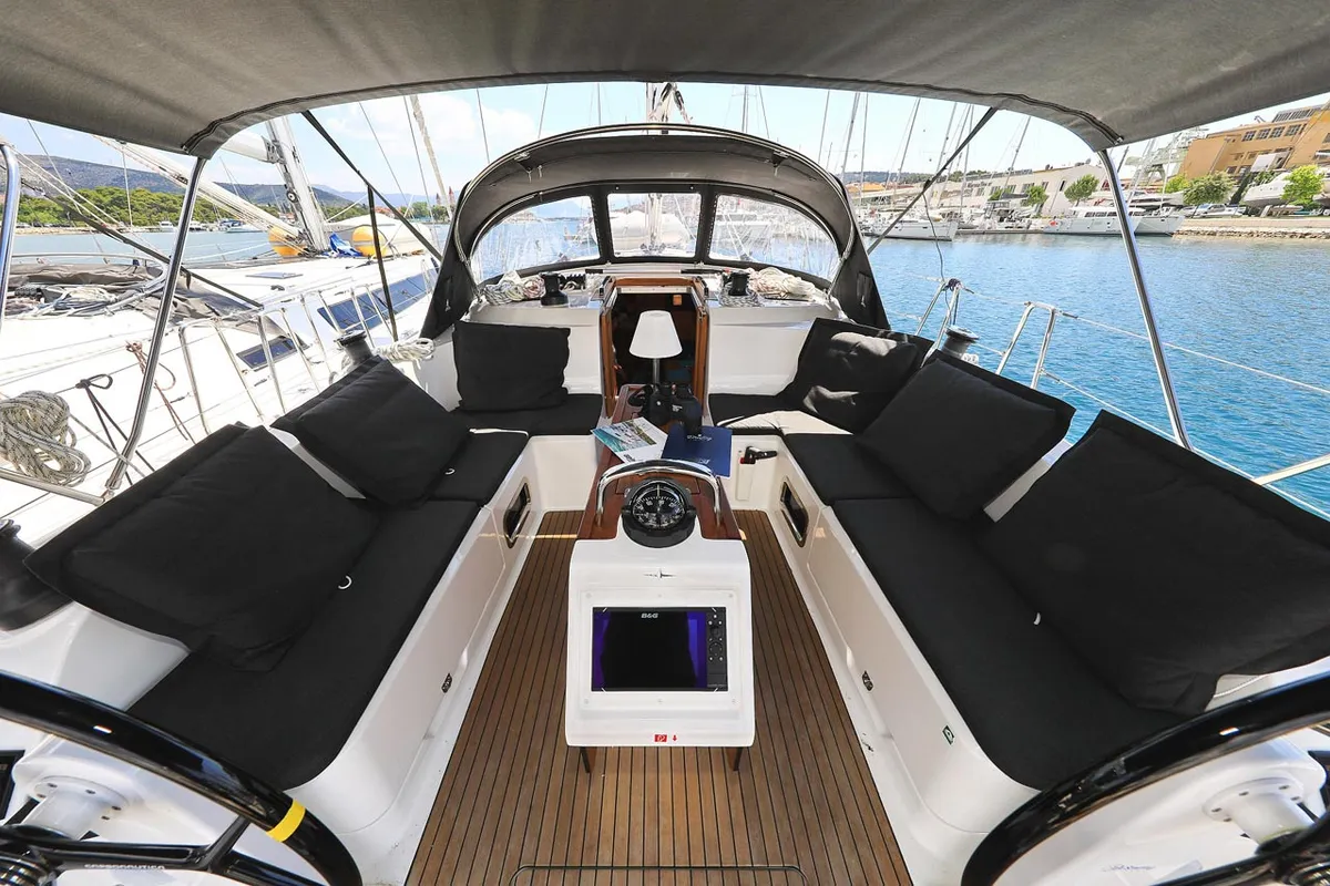 Cockpit of Avior, a Bavaria Cruiser 46 sailboat at Grad Biograd na Moru, Croatia