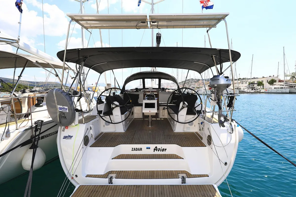 Exterior view of Avior, a Bavaria Cruiser 46 sailboat at Grad Biograd na Moru, Croatia