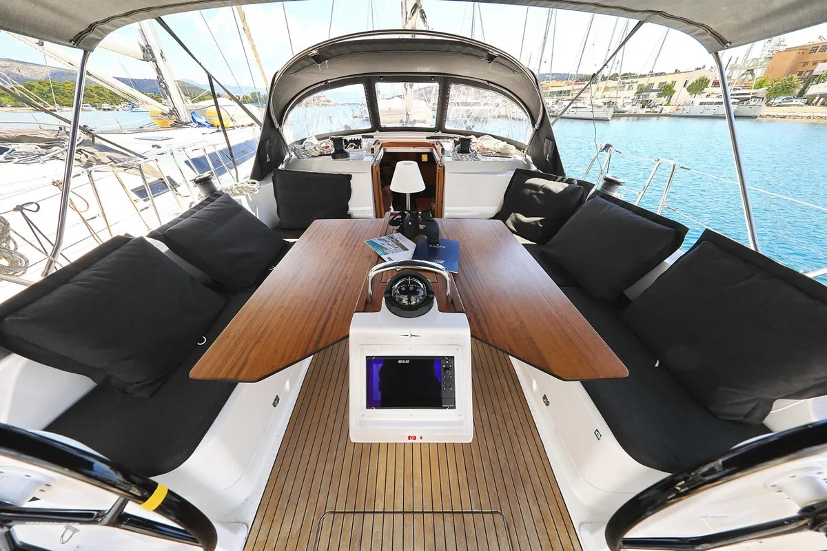 Cockpit of Avior, a Bavaria Cruiser 46 sailboat at Grad Biograd na Moru, Croatia