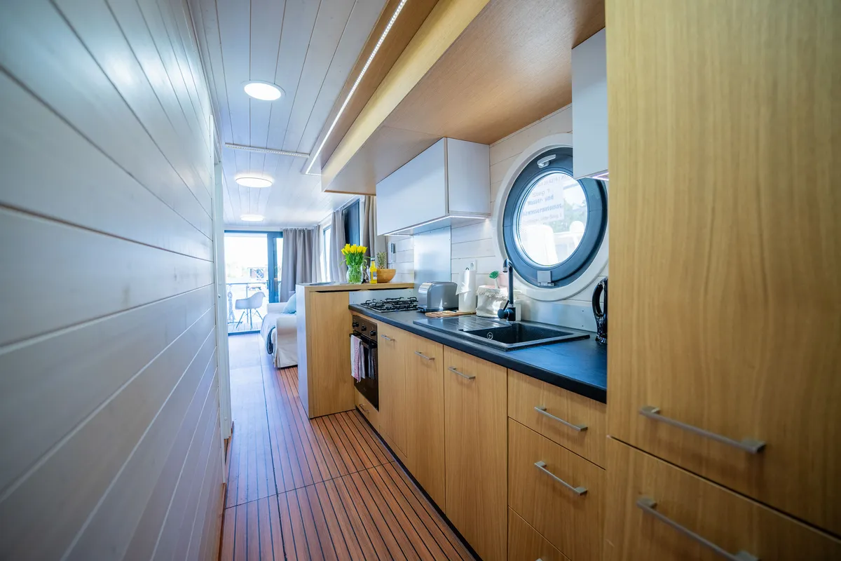 Galley of Ariella, a Woma D13 motorboat at Fürstenberg/Havel, Germany