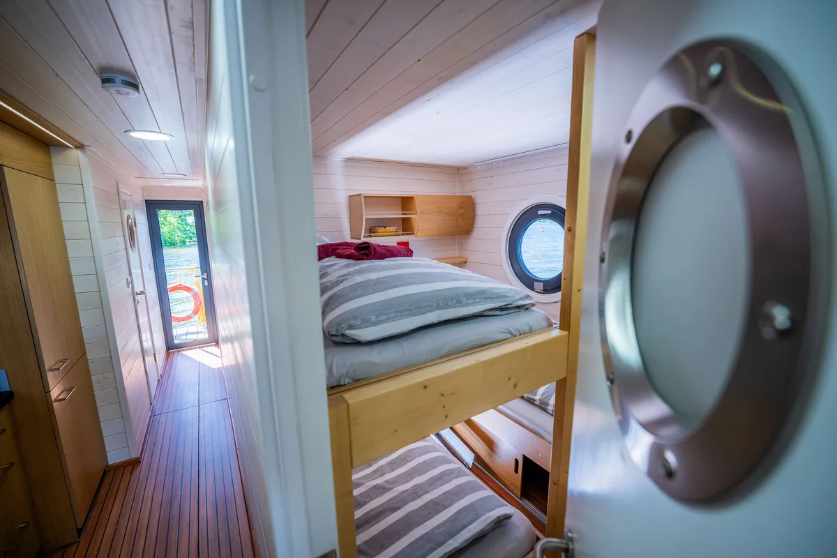 Cabin on Ariella, a Woma D13 motorboat at Fürstenberg/Havel, Germany