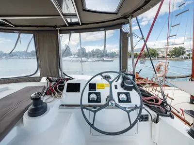Cockpit of Theros, a Bali 4.1 catamaran at Municipal Unit of Lefkada, Greece