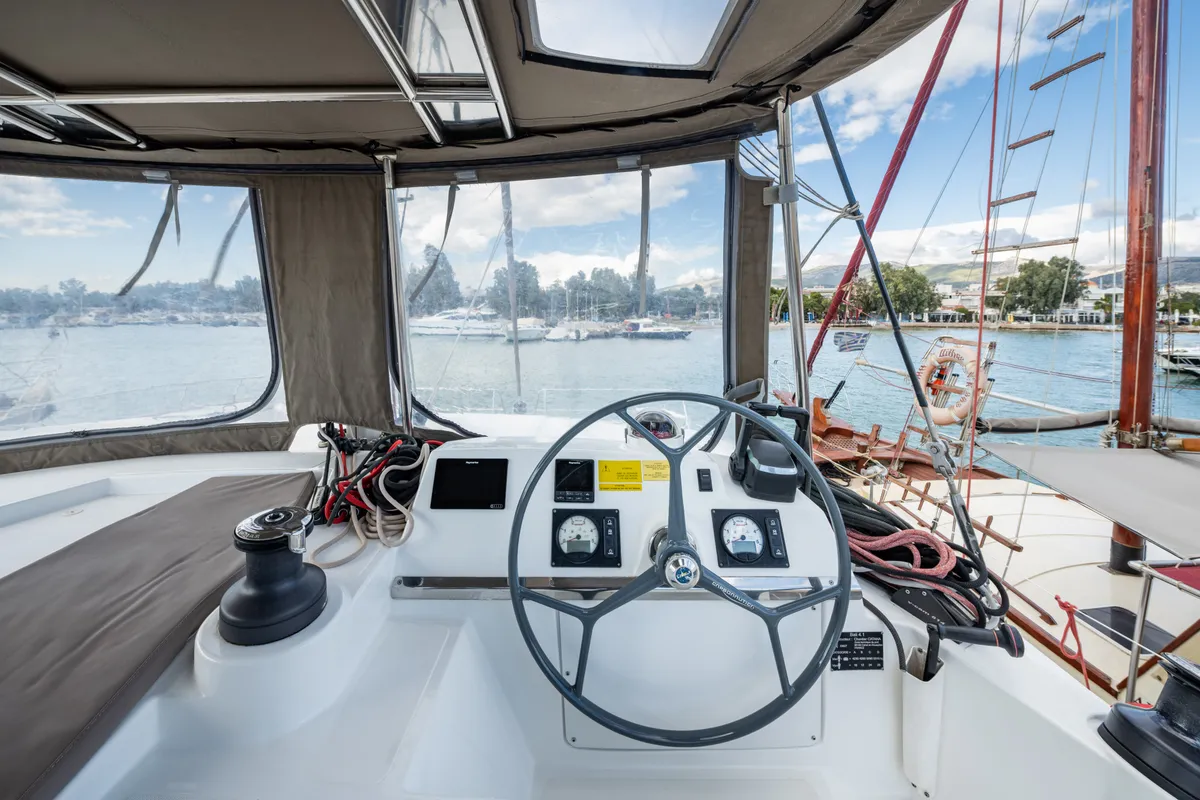 Cockpit of Theros, a Bali 4.1 catamaran at Municipal Unit of Lefkada, Greece