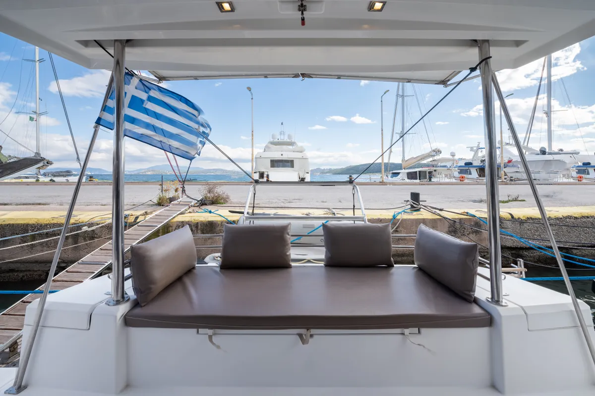 Deck of Theros, a Bali 4.1 catamaran at Municipal Unit of Lefkada, Greece