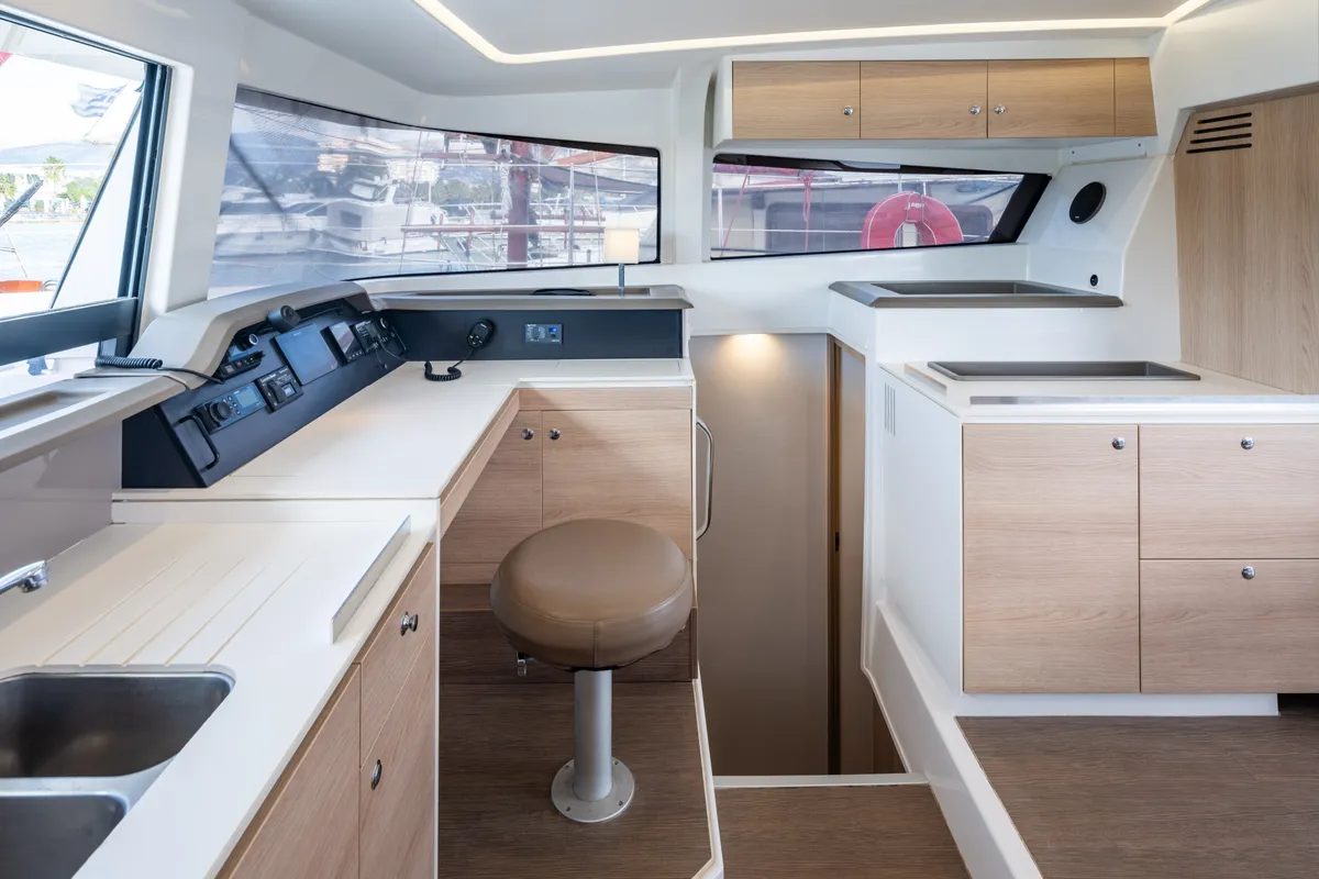 Cockpit of Theros, a Bali 4.1 catamaran at Municipal Unit of Lefkada, Greece