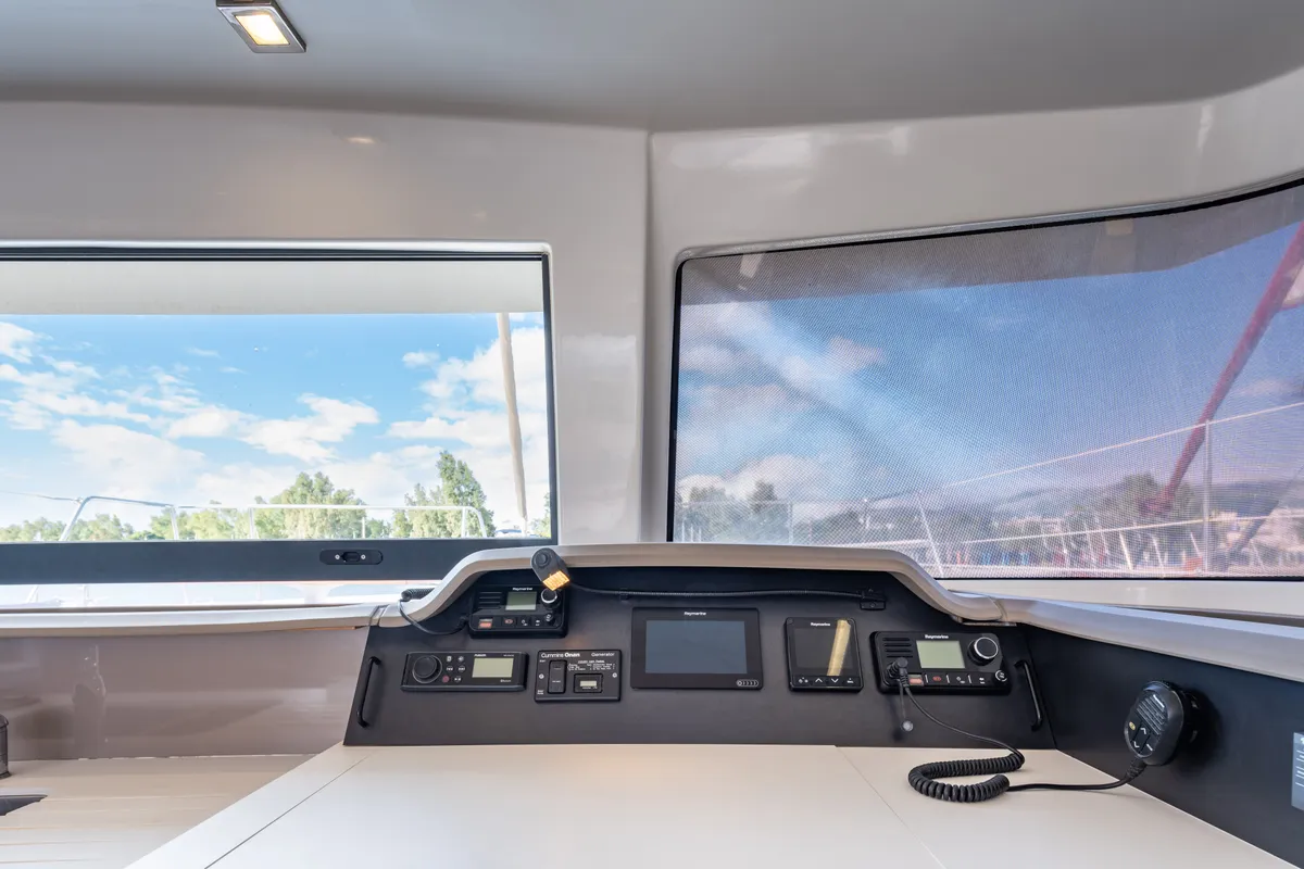 Cockpit of Theros, a Bali 4.1 catamaran at Municipal Unit of Lefkada, Greece