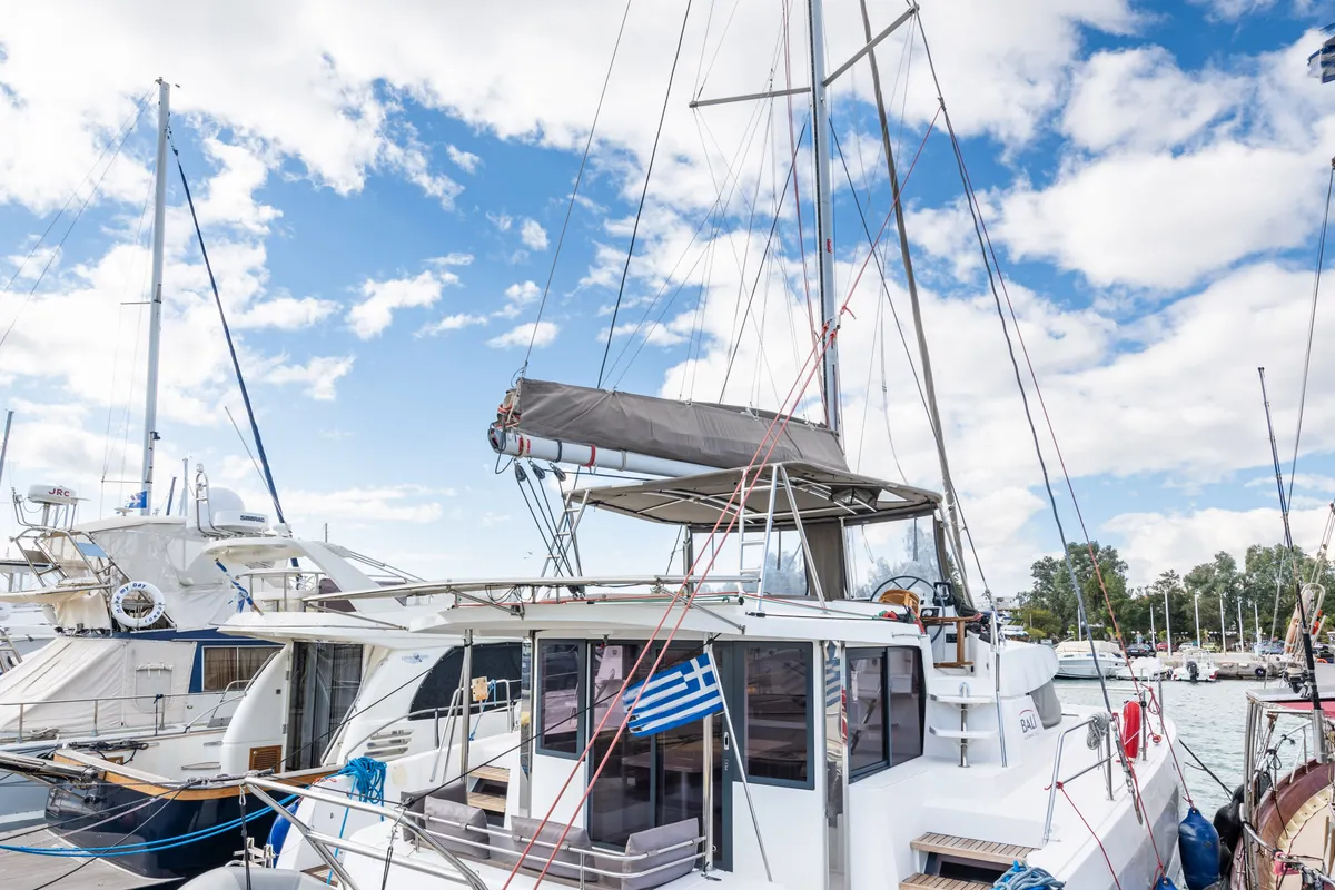 Exterior view of Theros, a Bali 4.1 catamaran at Municipal Unit of Lefkada, Greece