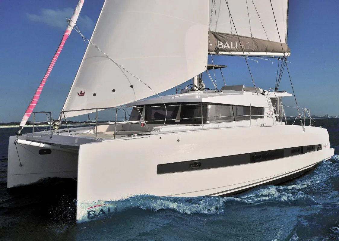 Exterior view of Theros, a Bali 4.1 catamaran at Municipal Unit of Lefkada, Greece