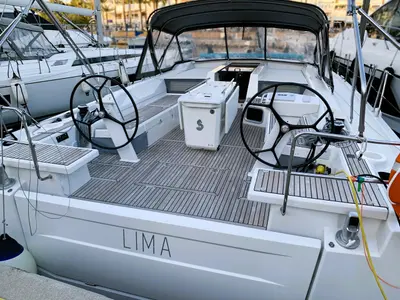 Cockpit of Lima, a Beneteau Oceanis 51.1 sailboat at Cala Egos, Spain