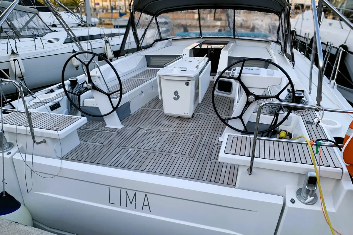 Cockpit of Lima, a Beneteau Oceanis 51.1 sailboat at Cala Egos, Spain