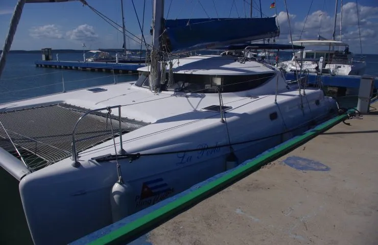Exterior view of LaPerla, a Fountaine Pajot Athena 38 catamaran at Cienfuegos, Cuba