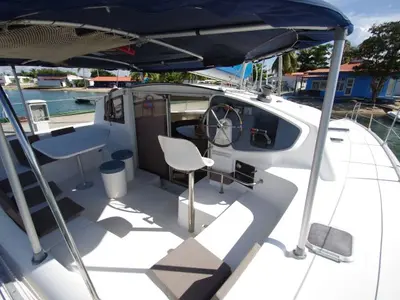 Cockpit of LaPerla, a Fountaine Pajot Athena 38 catamaran at Cienfuegos, Cuba