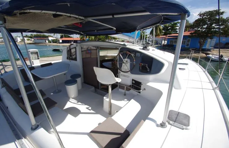 Cockpit of LaPerla, a Fountaine Pajot Athena 38 catamaran at Cienfuegos, Cuba