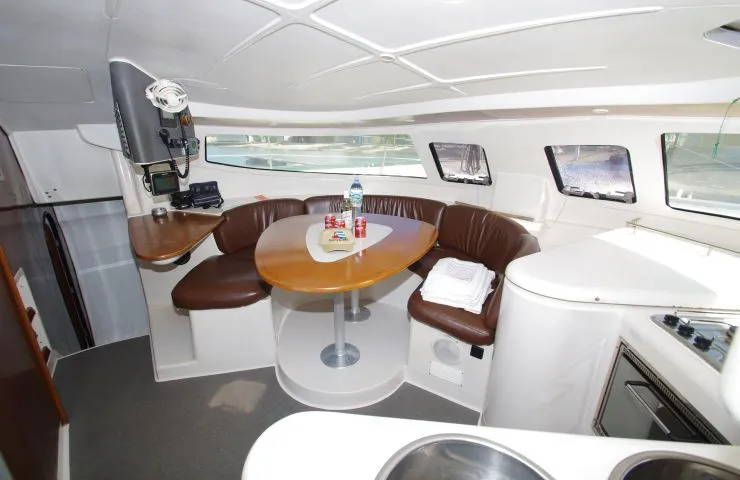 Salon of LaPerla, a Fountaine Pajot Athena 38 catamaran at Cienfuegos, Cuba