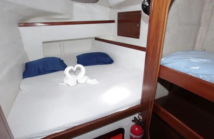 Cabin on LaPerla, a Fountaine Pajot Athena 38 catamaran at Cienfuegos, Cuba