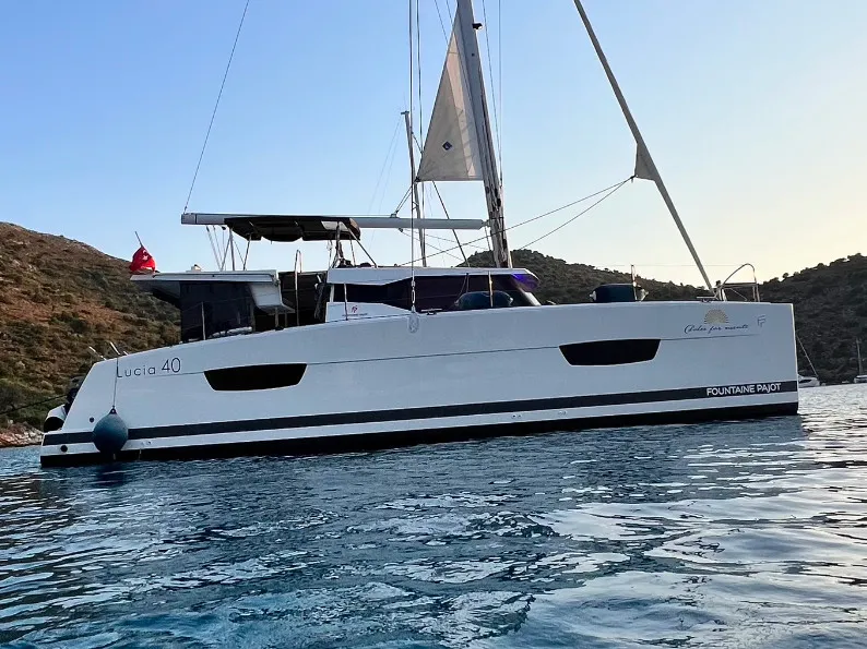 Exterior view of Dolce, a Fountaine Pajot Lucia 40 catamaran at Marmaris, Turkey
