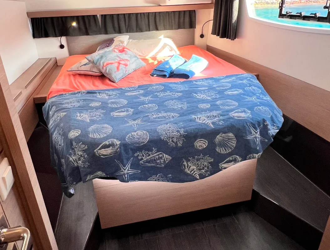 Cabin on Dolce, a Fountaine Pajot Lucia 40 catamaran at Marmaris, Turkey