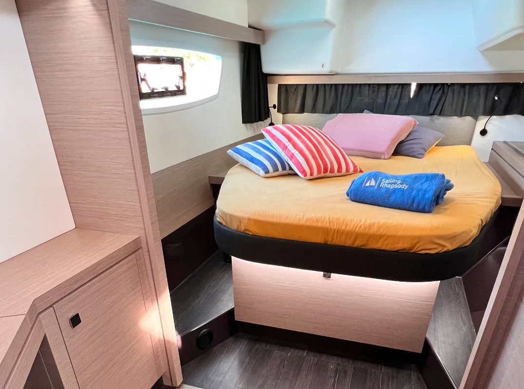 Cabin on Dolce, a Fountaine Pajot Lucia 40 catamaran at Marmaris, Turkey