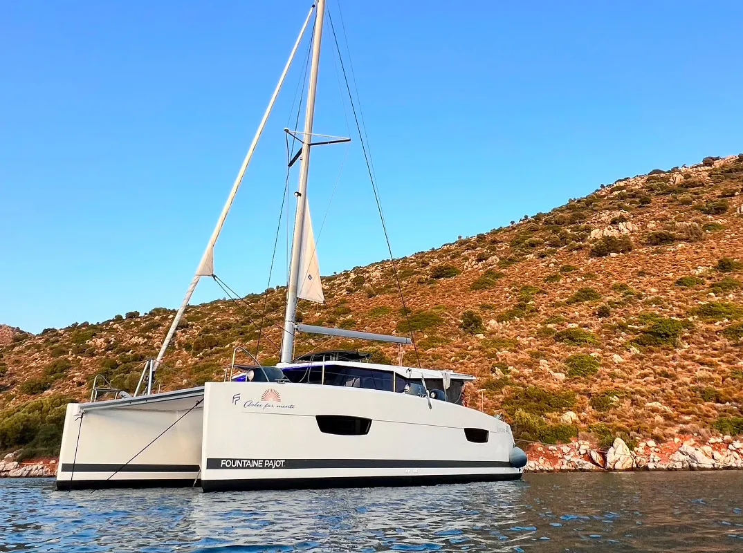 Exterior view of Dolce, a Fountaine Pajot Lucia 40 catamaran at Marmaris, Turkey