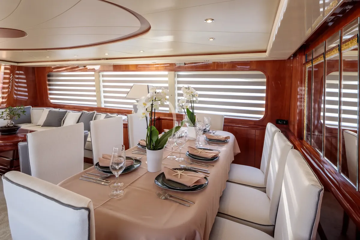 Salon of Efmaria, a Falcon 86 motor yacht at Athens, Greece