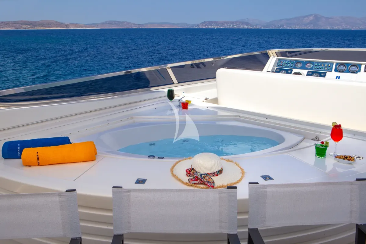 Deck of Efmaria, a Falcon 86 motor yacht at Athens, Greece