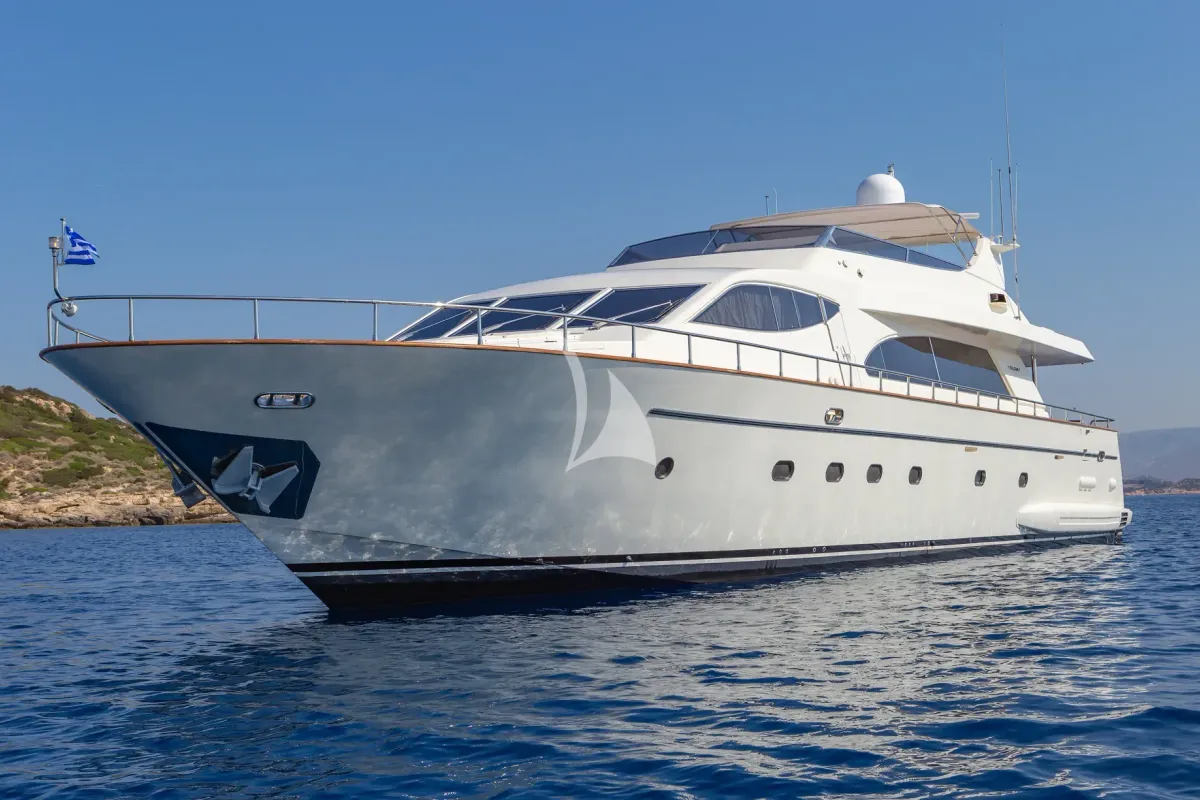 Exterior view of Efmaria, a Falcon 86 motor yacht at Athens, Greece