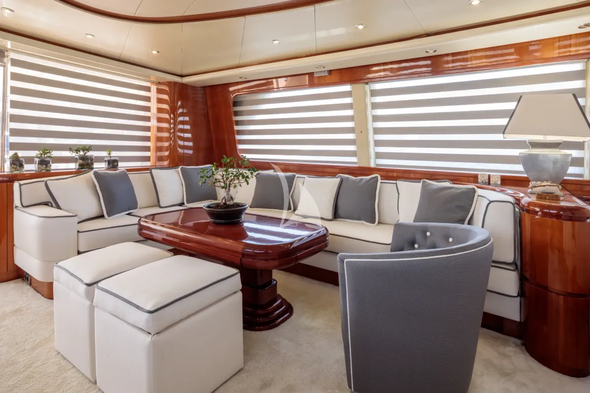 Salon of Efmaria, a Falcon 86 motor yacht at Athens, Greece