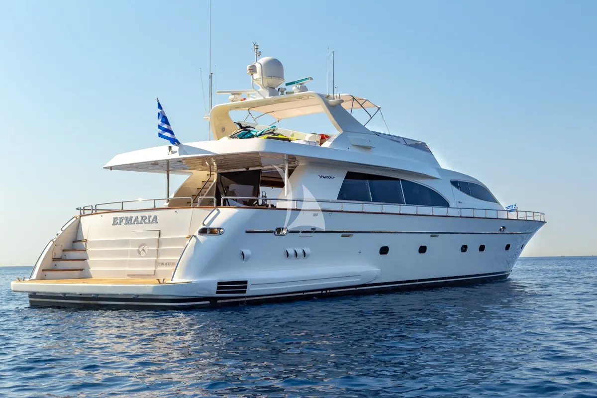 Exterior view of Efmaria, a Falcon 86 motor yacht at Athens, Greece