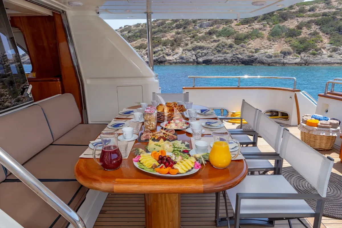 Deck of Efmaria, a Falcon 86 motor yacht at Athens, Greece