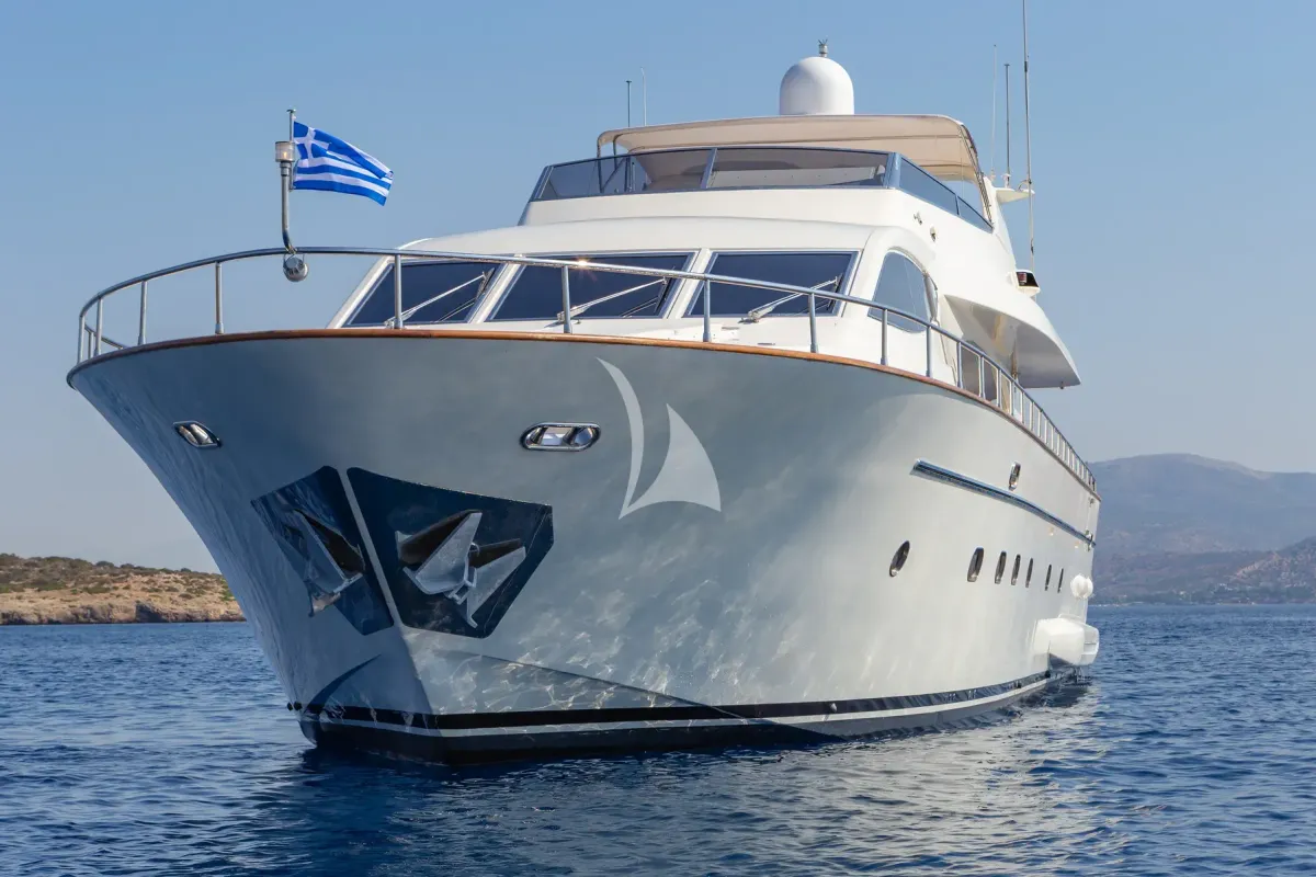 Exterior view of Efmaria, a Falcon 86 motor yacht at Athens, Greece