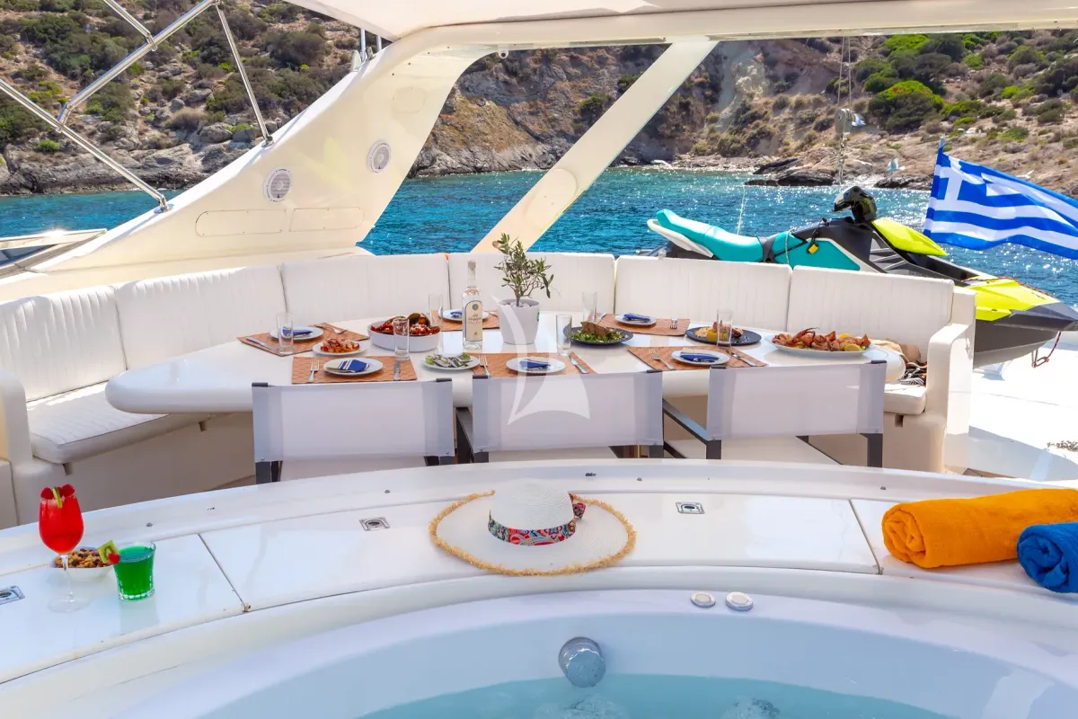 Deck of Efmaria, a Falcon 86 motor yacht at Athens, Greece