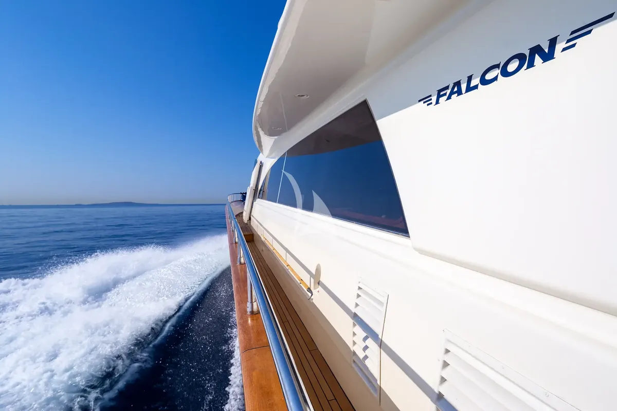 Exterior view of Efmaria, a Falcon 86 motor yacht at Athens, Greece