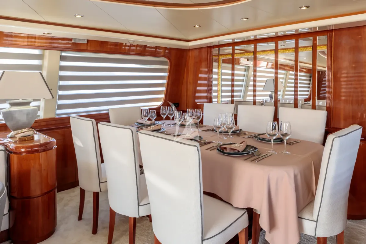 Salon of Efmaria, a Falcon 86 motor yacht at Athens, Greece