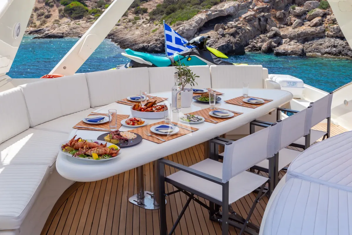 Deck of Efmaria, a Falcon 86 motor yacht at Athens, Greece