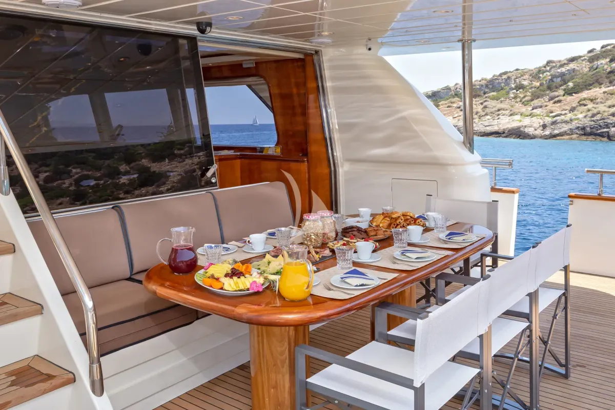 Deck of Efmaria, a Falcon 86 motor yacht at Athens, Greece