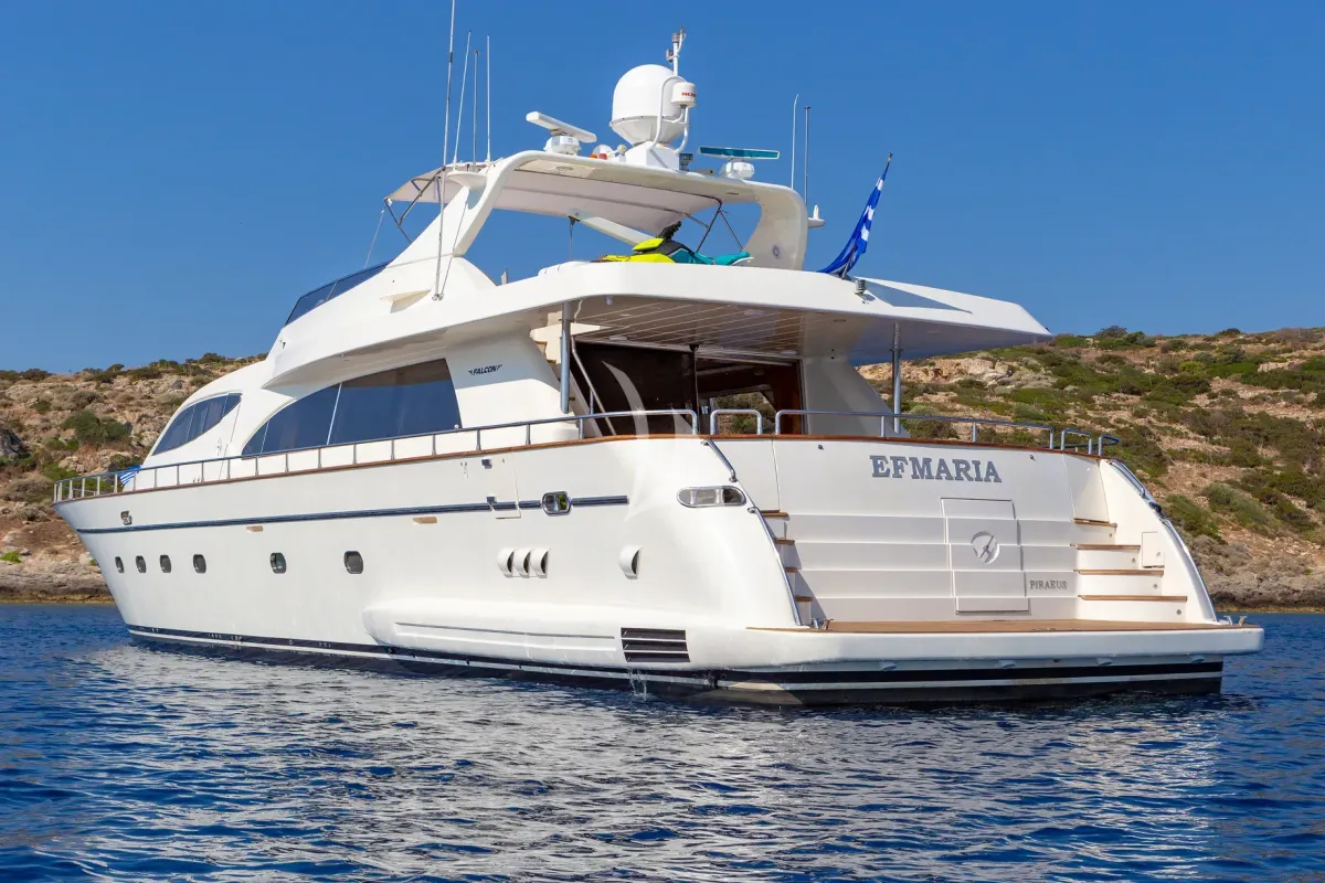 Exterior view of Efmaria, a Falcon 86 motor yacht at Athens, Greece