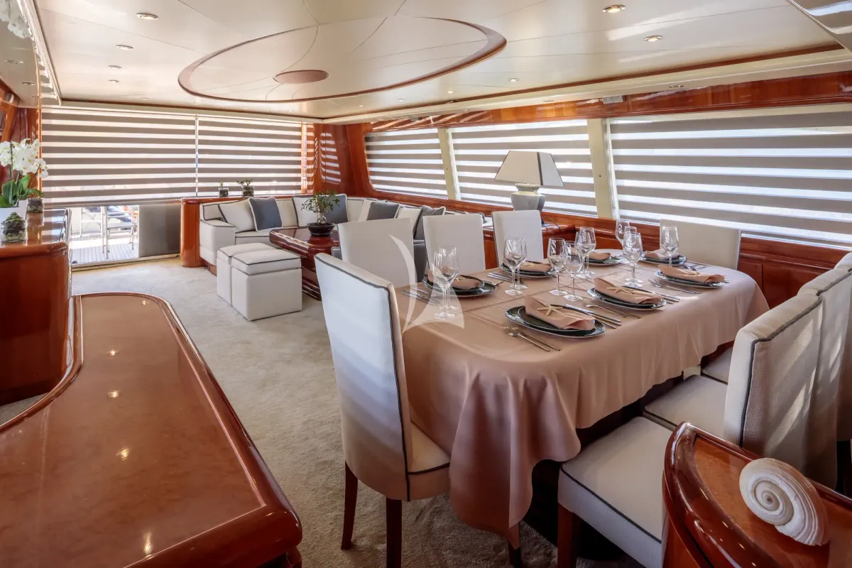 Salon of Efmaria, a Falcon 86 motor yacht at Athens, Greece
