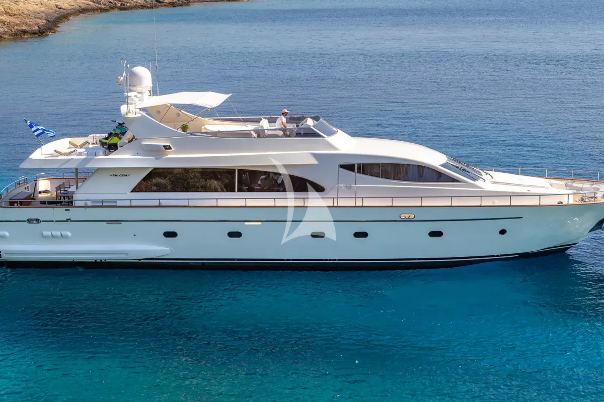 Exterior view of Efmaria, a Falcon 86 motor yacht at Athens, Greece