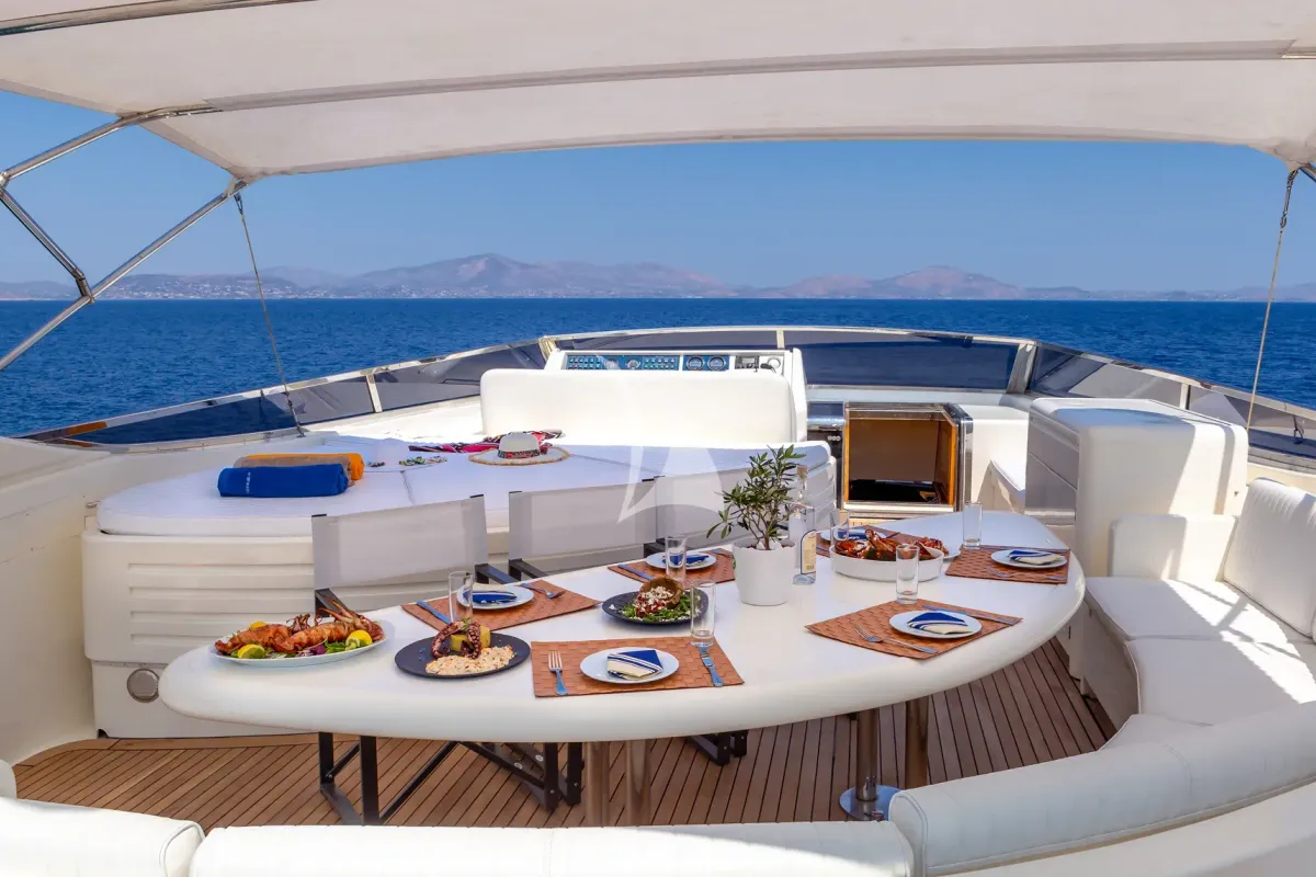 Deck of Efmaria, a Falcon 86 motor yacht at Athens, Greece